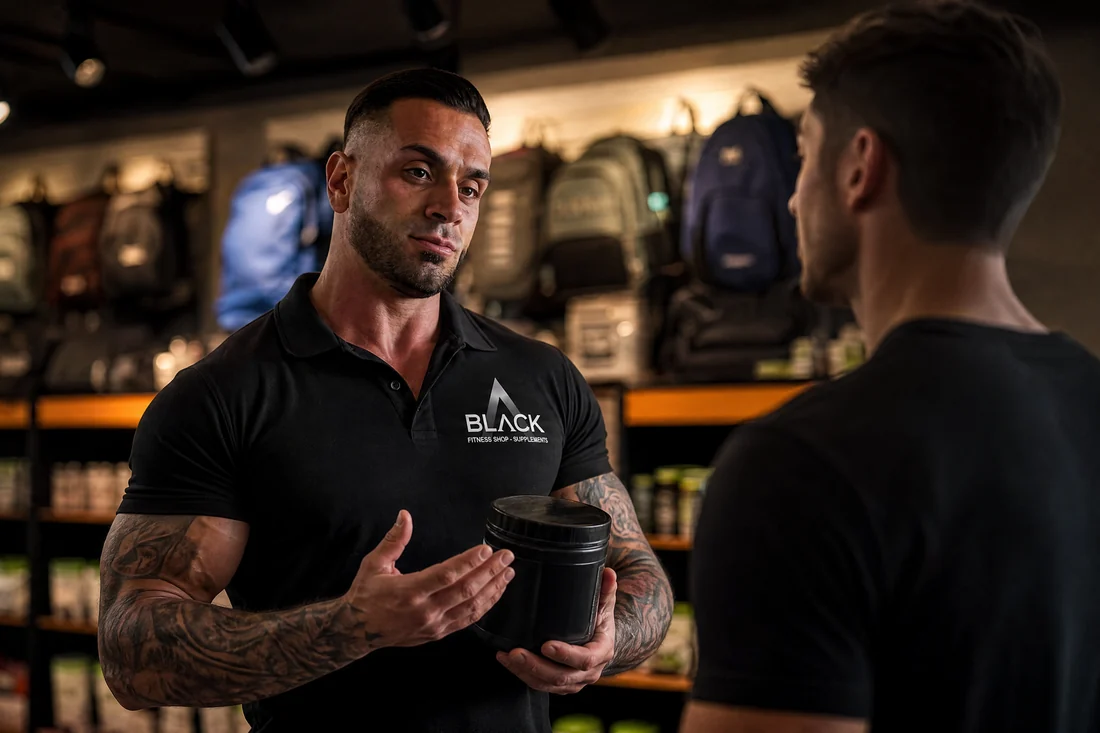 Leonardo, con la chomba de Black Fitness Shop, explicándole un suplemento a un cliente dentro del local