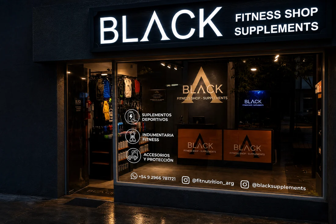 Frente del local Black Fitness Shop de noche, con el cartel iluminado y la vidriera encendida